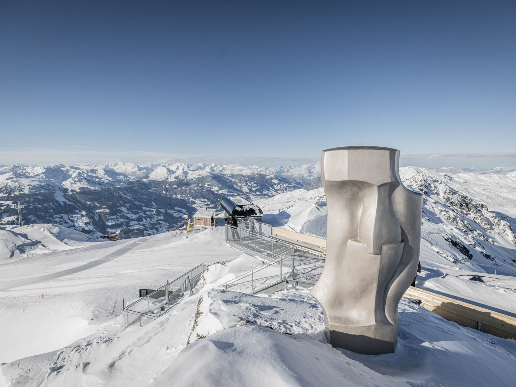 view of gondola station and 3d printed sculputre in tyrol in austria